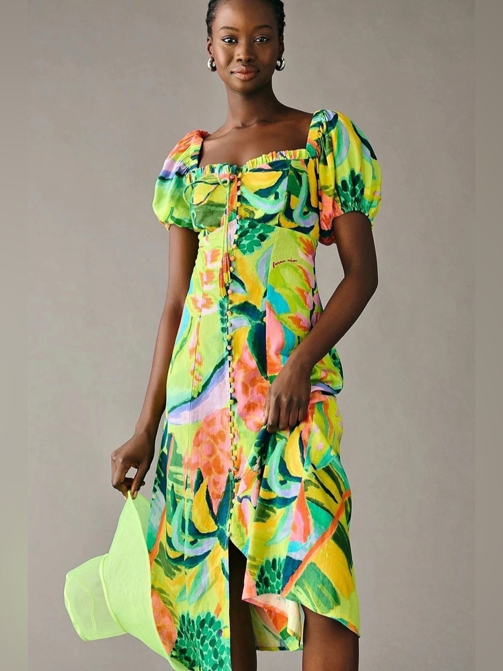 Farm Rio Printed Multicolor Fruit Landscape Short Puff Sleeve Midi Dress 1X